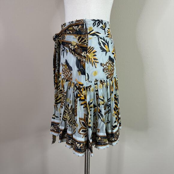 Farm Rio | Tapestry Blue Black Gold Tie Waist Ruffle Designer Mini Skirt XS - Picture 8 of 11